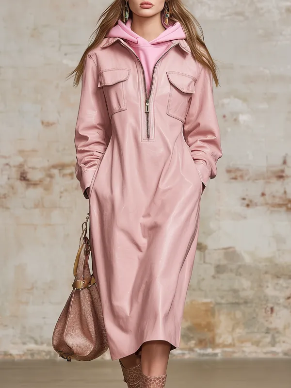 Urban Chic Retro Zip-up Collar Faux Leather Midi Dress sold by Oyrosy