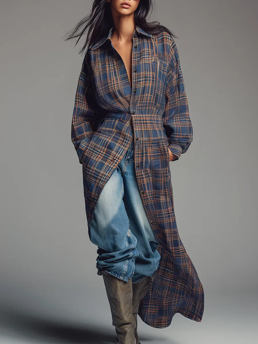 Retro Plaid Long-sleeved Shirt Dress sold by Oyrosy