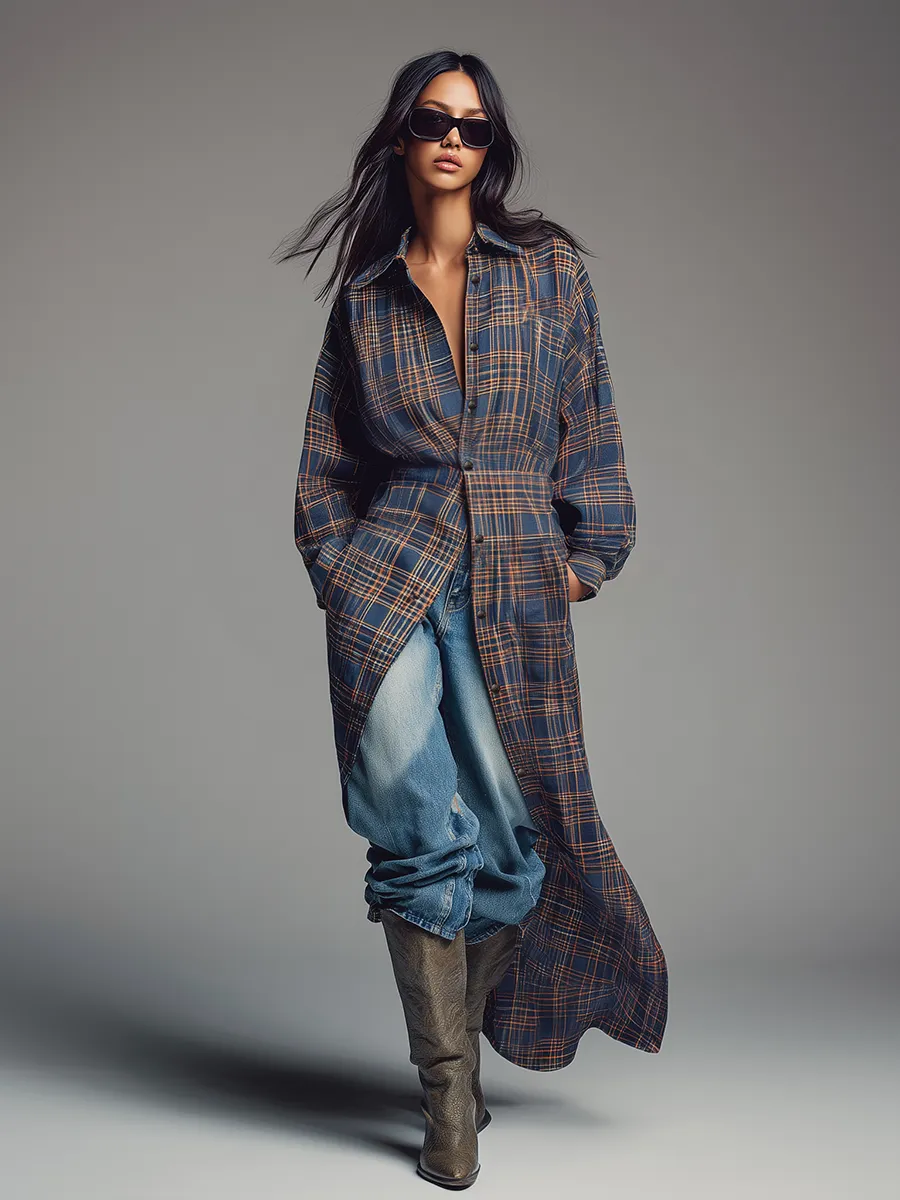 Retro Plaid Long-sleeved Shirt Dress sold by Oyrosy product image thumbnail 2