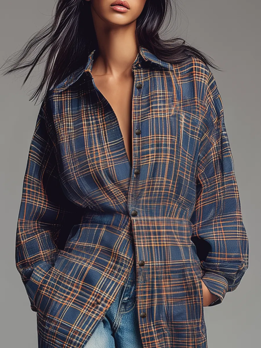 Retro Plaid Long-sleeved Shirt Dress sold by Oyrosy product image thumbnail 3