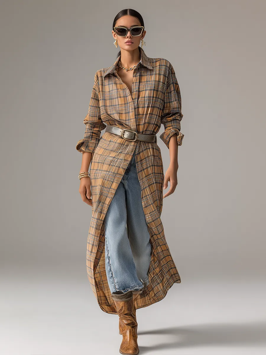 Retro Plaid Elegant Long-sleeved Shirt Dress sold by Oyrosy product image thumbnail 2