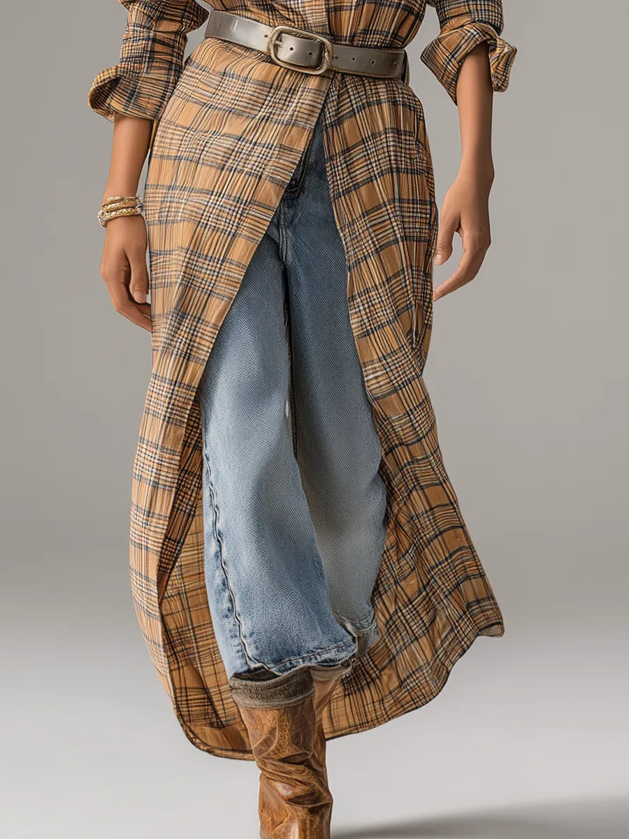 Retro Plaid Elegant Long-sleeved Shirt Dress sold by Oyrosy product image thumbnail 4