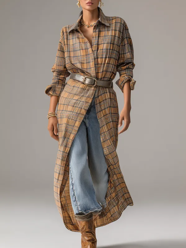 Retro Plaid Elegant Long-sleeved Shirt Dress sold by Oyrosy