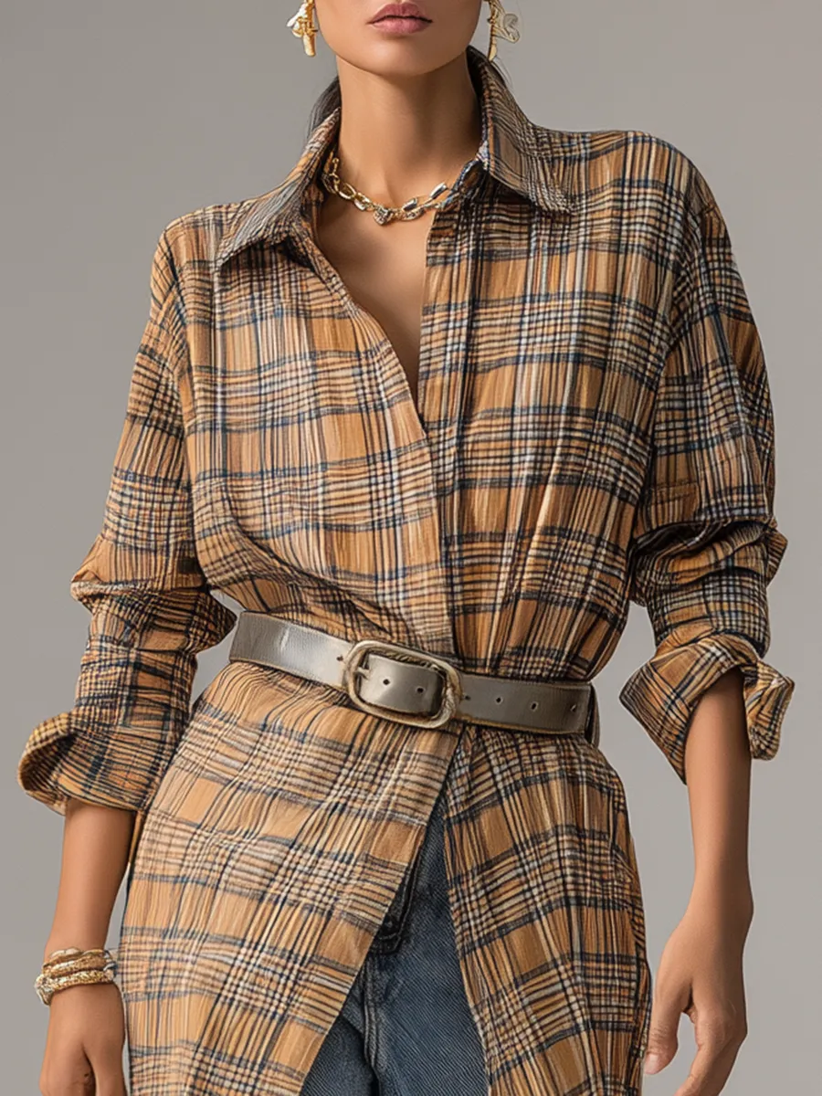 Retro Plaid Elegant Long-sleeved Shirt Dress sold by Oyrosy product image thumbnail 3