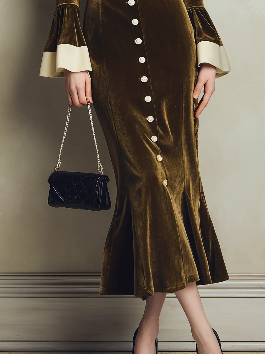 Elegant Retro Lapel Flared Sleeves Velvet Maxi Dress sold by Oyrosy product image thumbnail 4