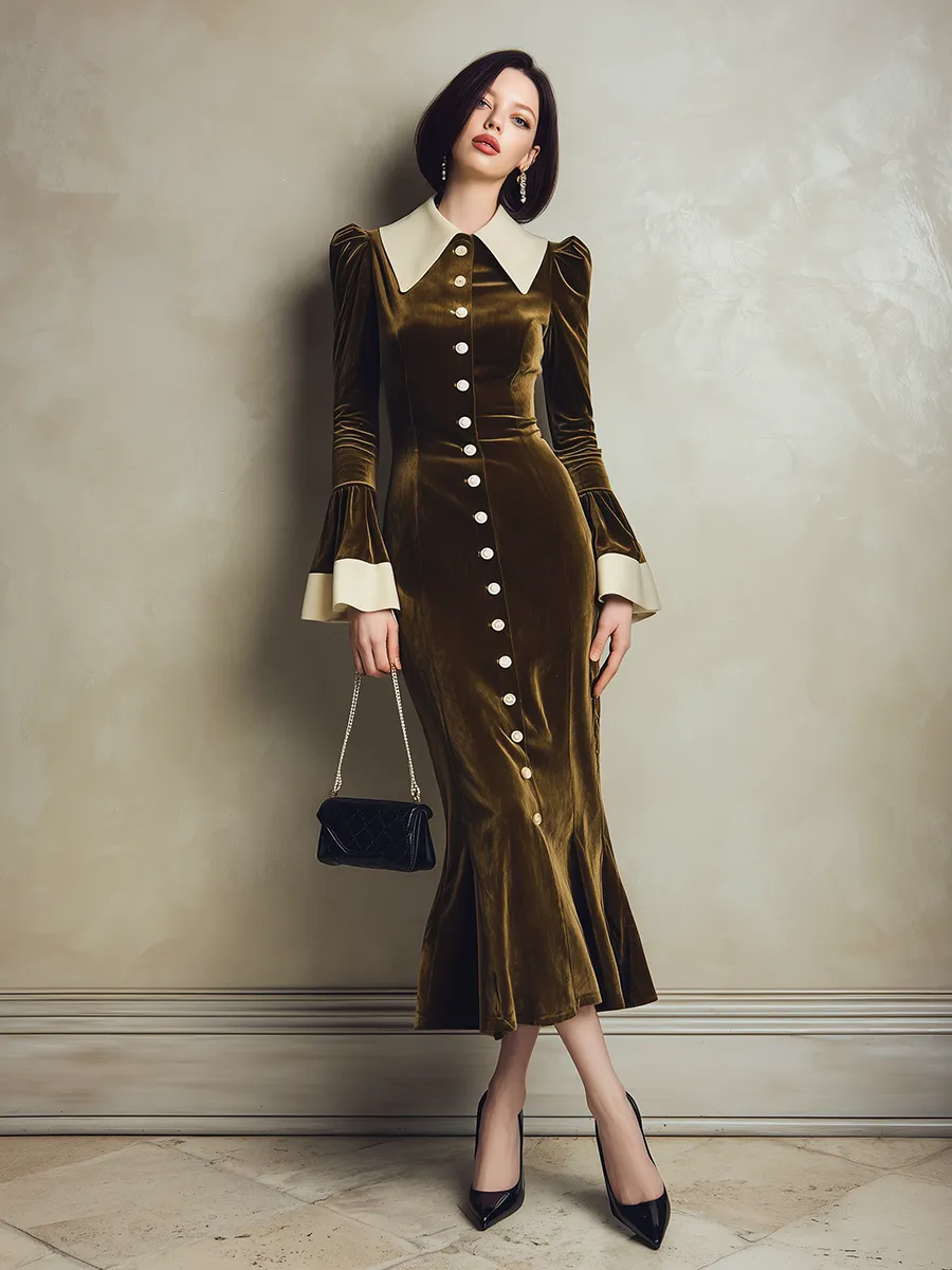 Elegant Retro Lapel Flared Sleeves Velvet Maxi Dress sold by Oyrosy product image thumbnail 2