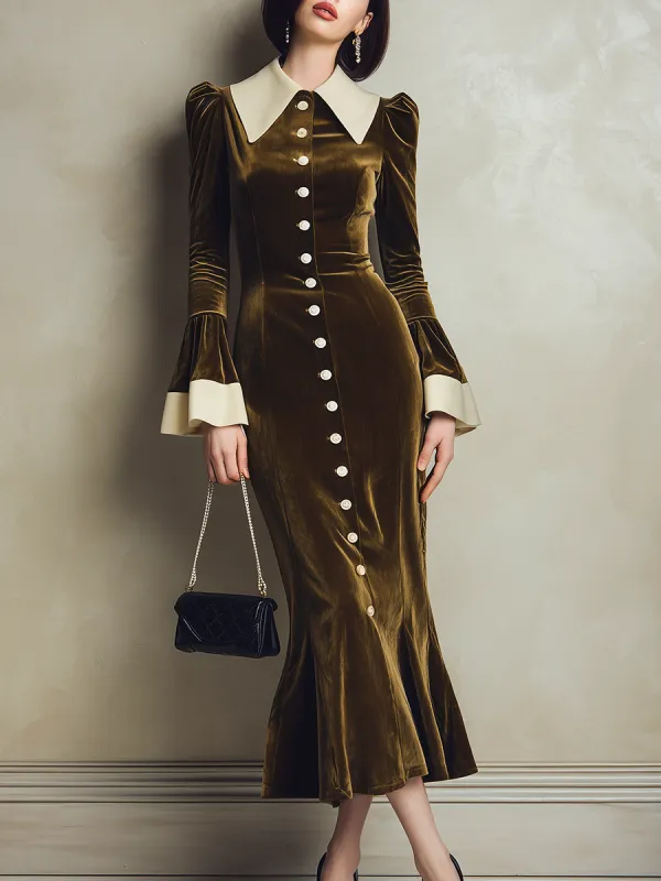 Elegant Retro Lapel Flared Sleeves Velvet Maxi Dress sold by Oyrosy