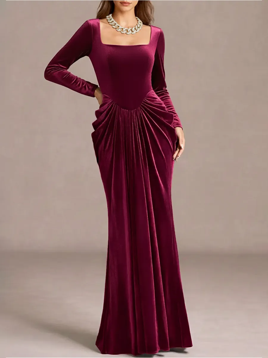 Elegant Square Neck Long-sleeved Pleated Velvet Maxi Dress sold by Oyrosy