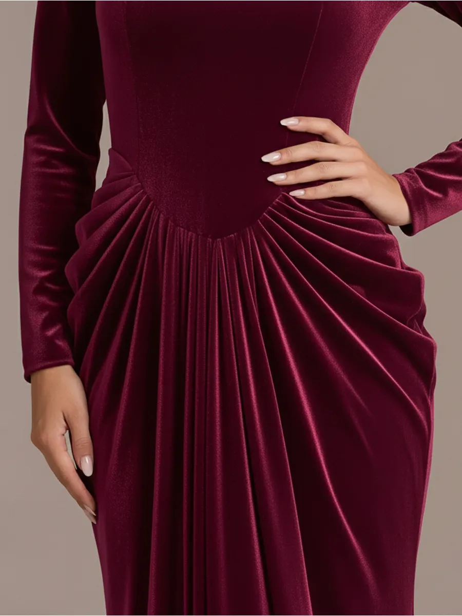 Elegant Square Neck Long-sleeved Pleated Velvet Maxi Dress sold by Oyrosy product image thumbnail 4