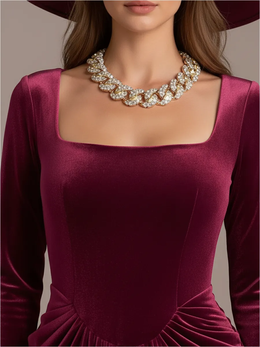 Elegant Square Neck Long-sleeved Pleated Velvet Maxi Dress sold by Oyrosy product image thumbnail 3