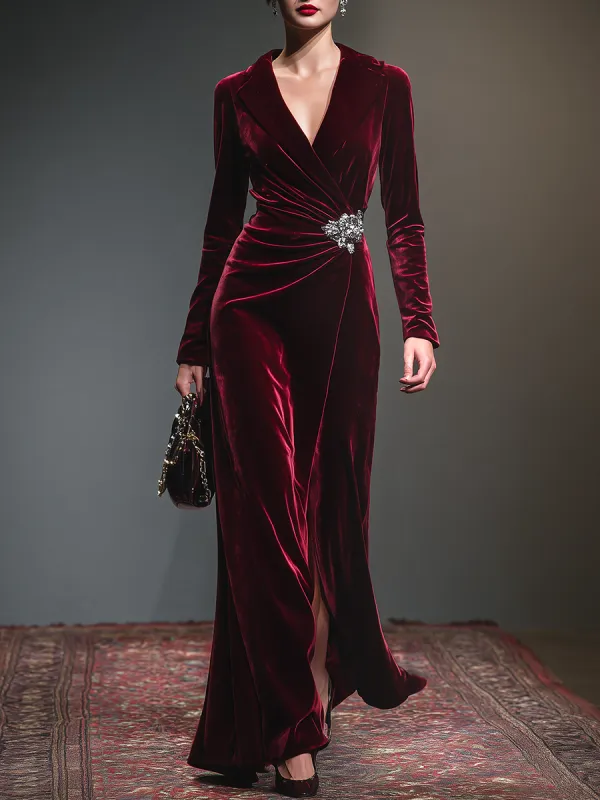 Retro-style Lapel Pleated Velvet Maxi Dress sold by Oyrosy
