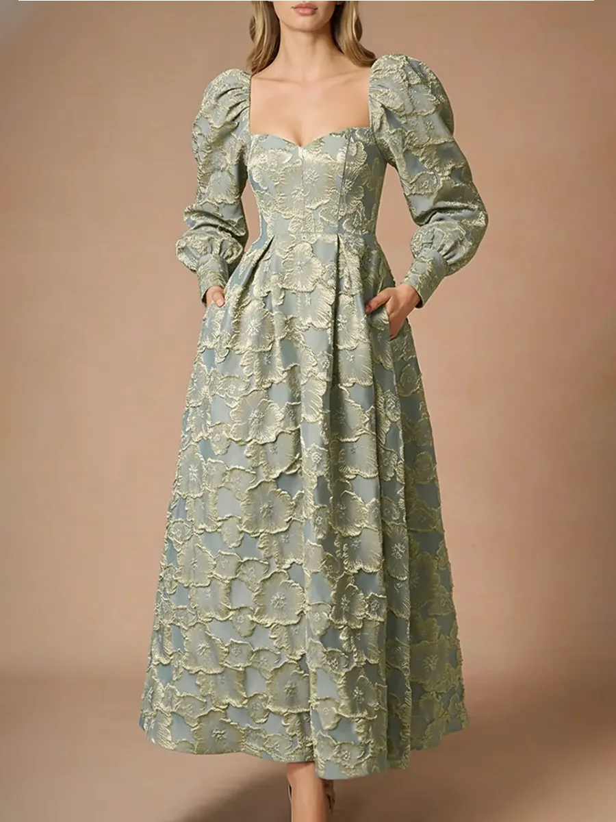 Elegant Square Neck Long-sleeved Jacquard Maxi Dress sold by Oyrosy