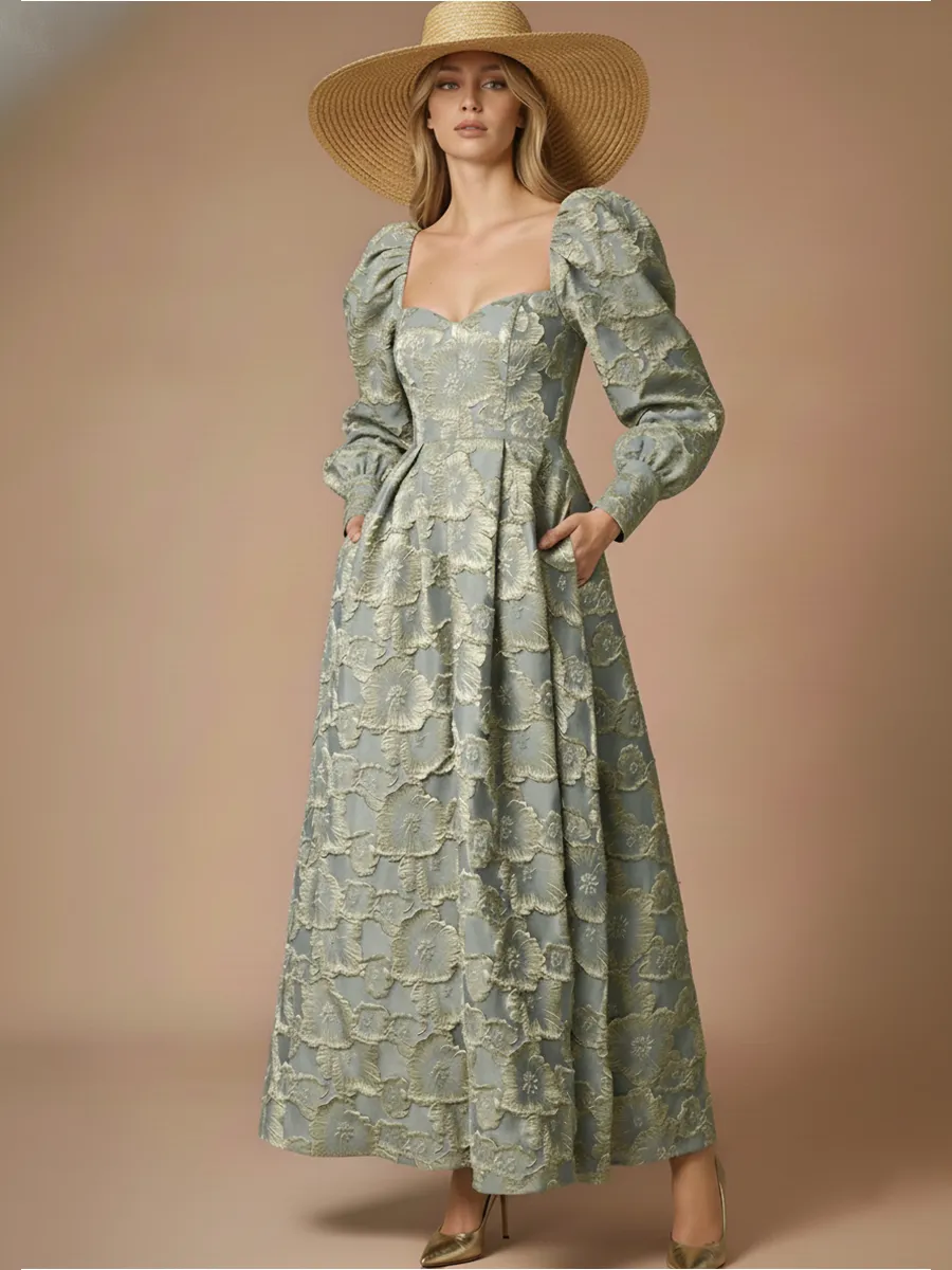 Elegant Square Neck Long-sleeved Jacquard Maxi Dress sold by Oyrosy product image thumbnail 2