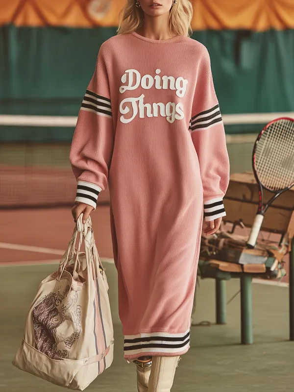 Retro-chic Sporty Round Neck Letter Print Maxi Dress made by Oyrosy