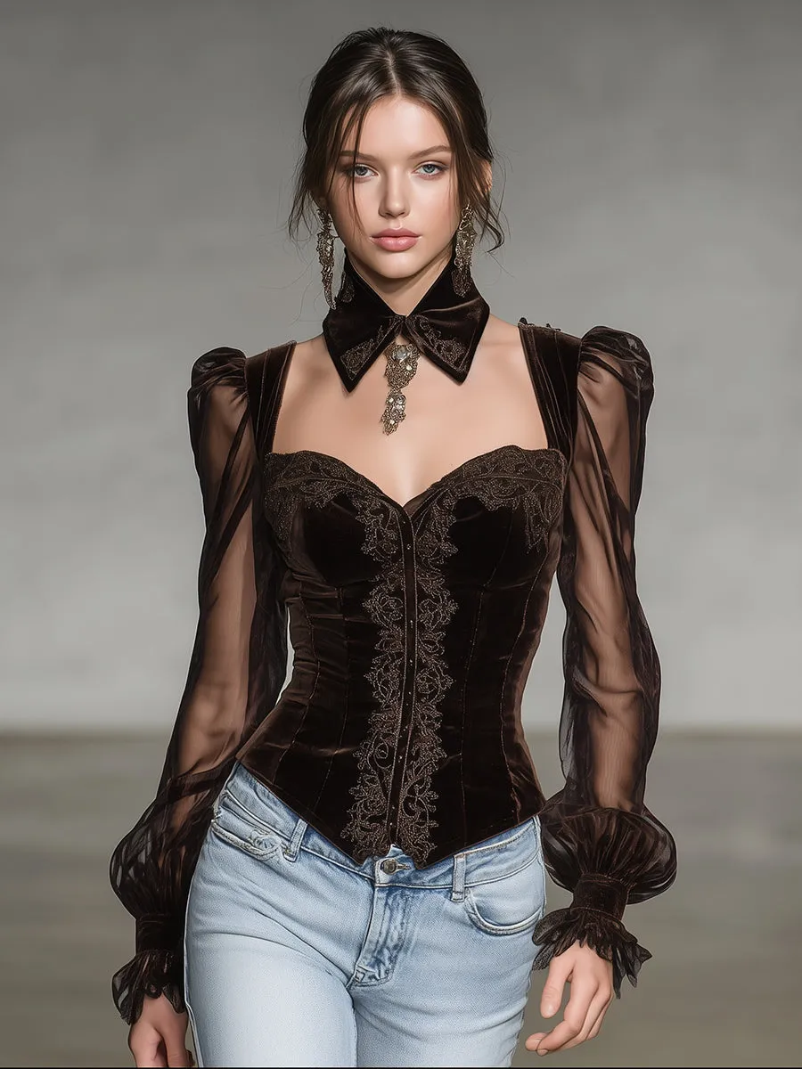 Elegant Brown Velvet Embroidered Patchwork Organza Top sold by Oyrosy product image thumbnail 2