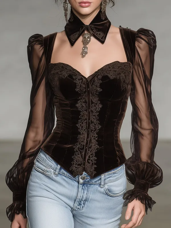 Elegant Brown Velvet Embroidered Patchwork Organza Top sold by Oyrosy