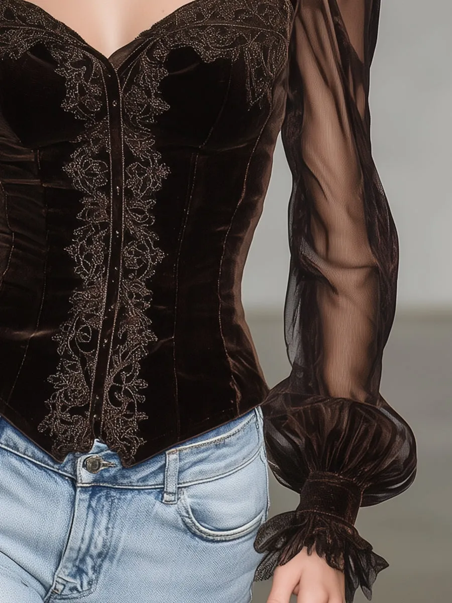 Elegant Brown Velvet Embroidered Patchwork Organza Top sold by Oyrosy product image thumbnail 3