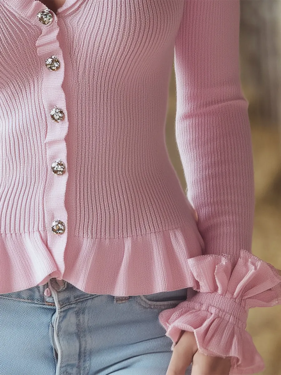 Elegant Pink Knitted Button-down Ruffle Cardigan sold by Oyrosy product image thumbnail 4