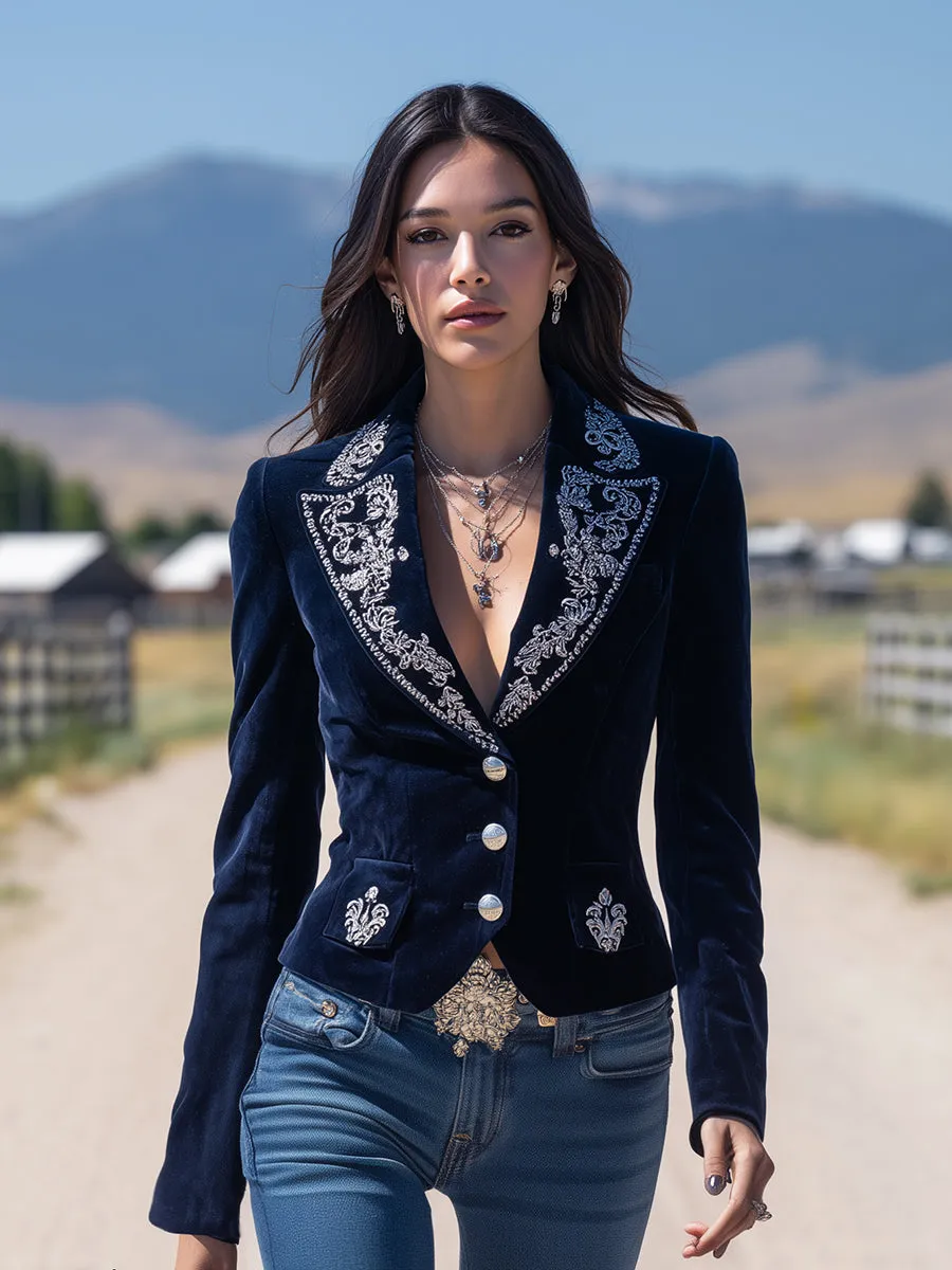 Western Blue Velvet With Exquisite Embroidered Buttons Blazer sold by Oyrosy product image thumbnail 2
