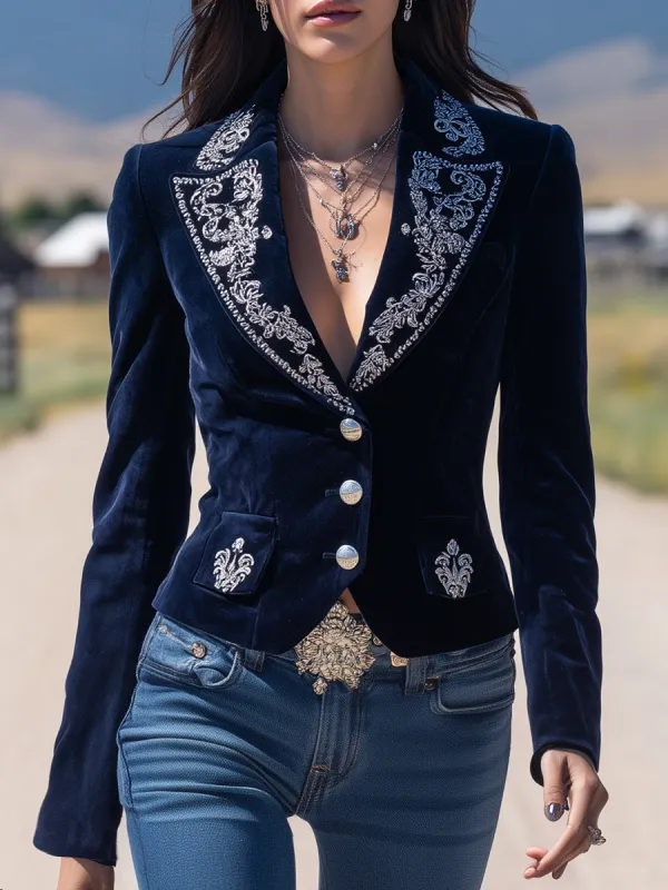 Western Blue Velvet With Exquisite Embroidered Buttons Blazer sold by Oyrosy