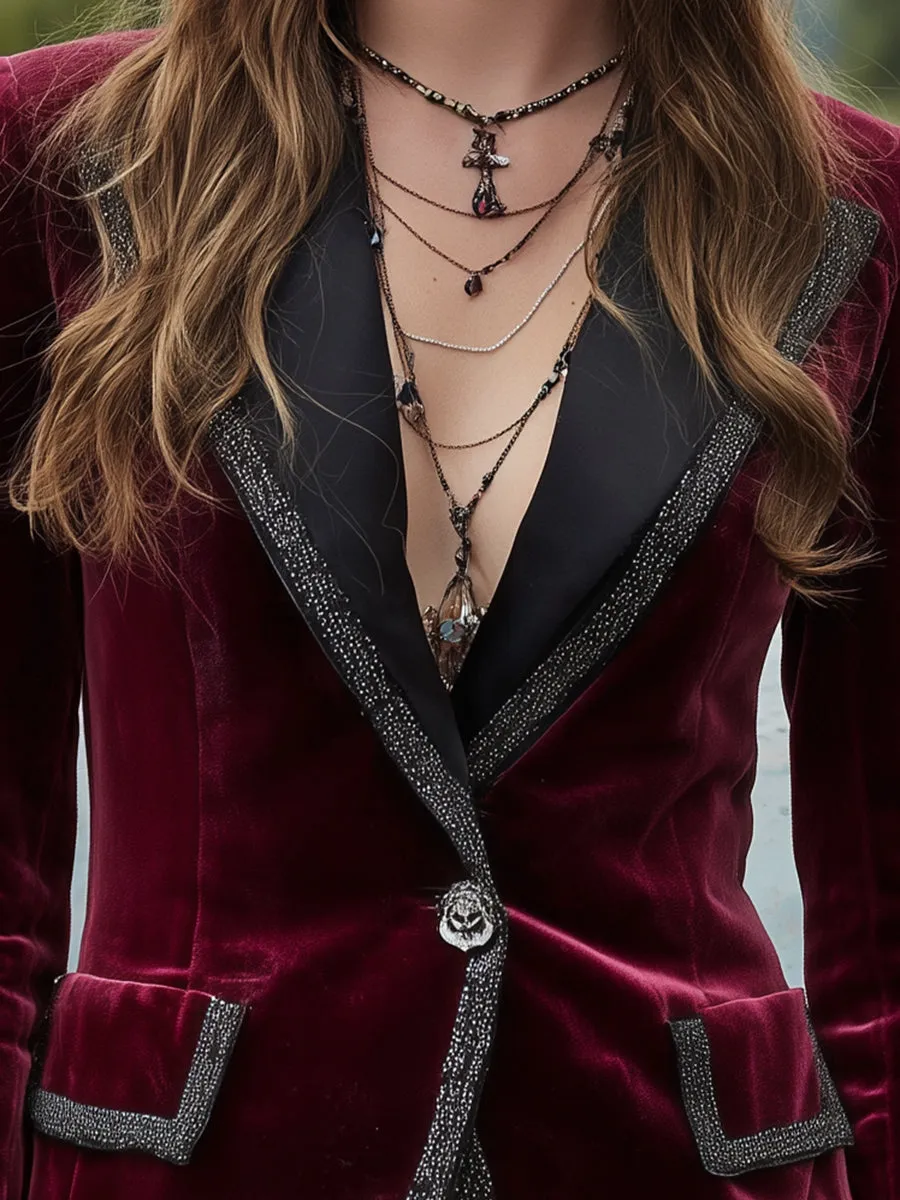 Western-style Fuchsia Velvet Patchwork Webbing Button Blazer sold by Oyrosy product image thumbnail 3