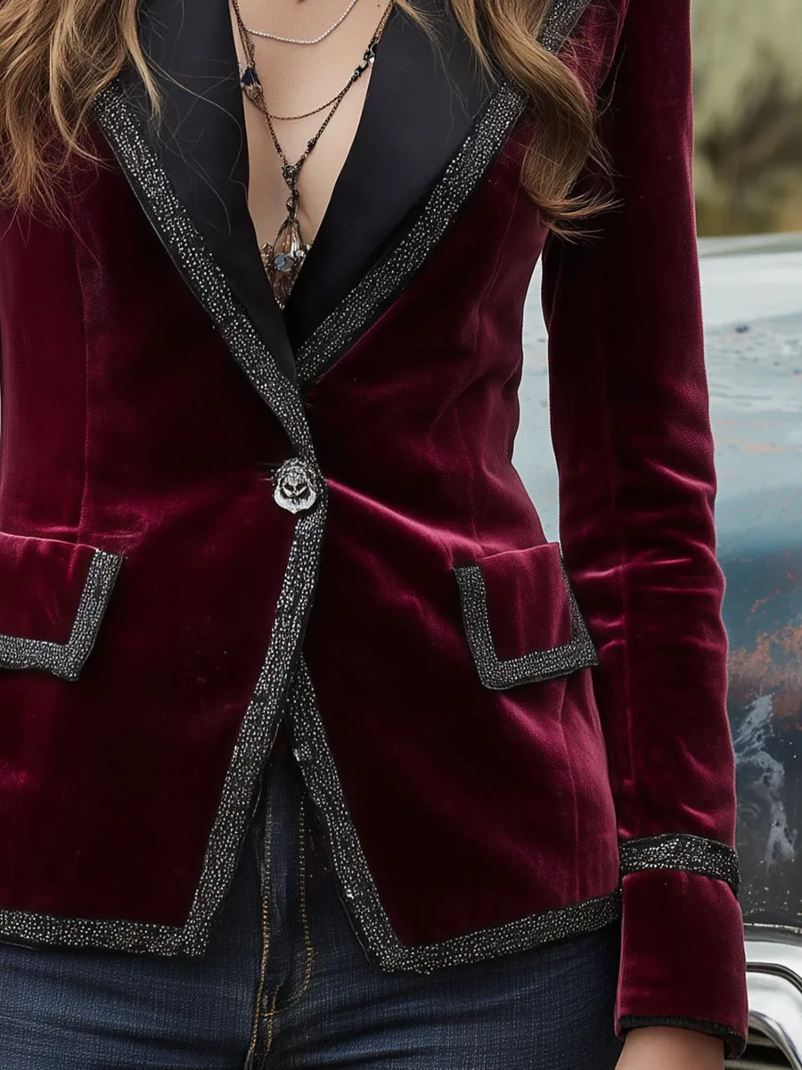 Western-style Fuchsia Velvet Patchwork Webbing Button Blazer sold by Oyrosy product image thumbnail 4