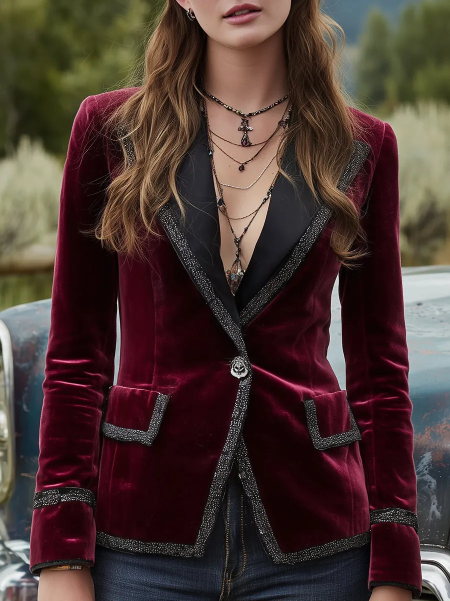 Western-style Fuchsia Velvet Patchwork Webbing Button Blazer sold by Oyrosy