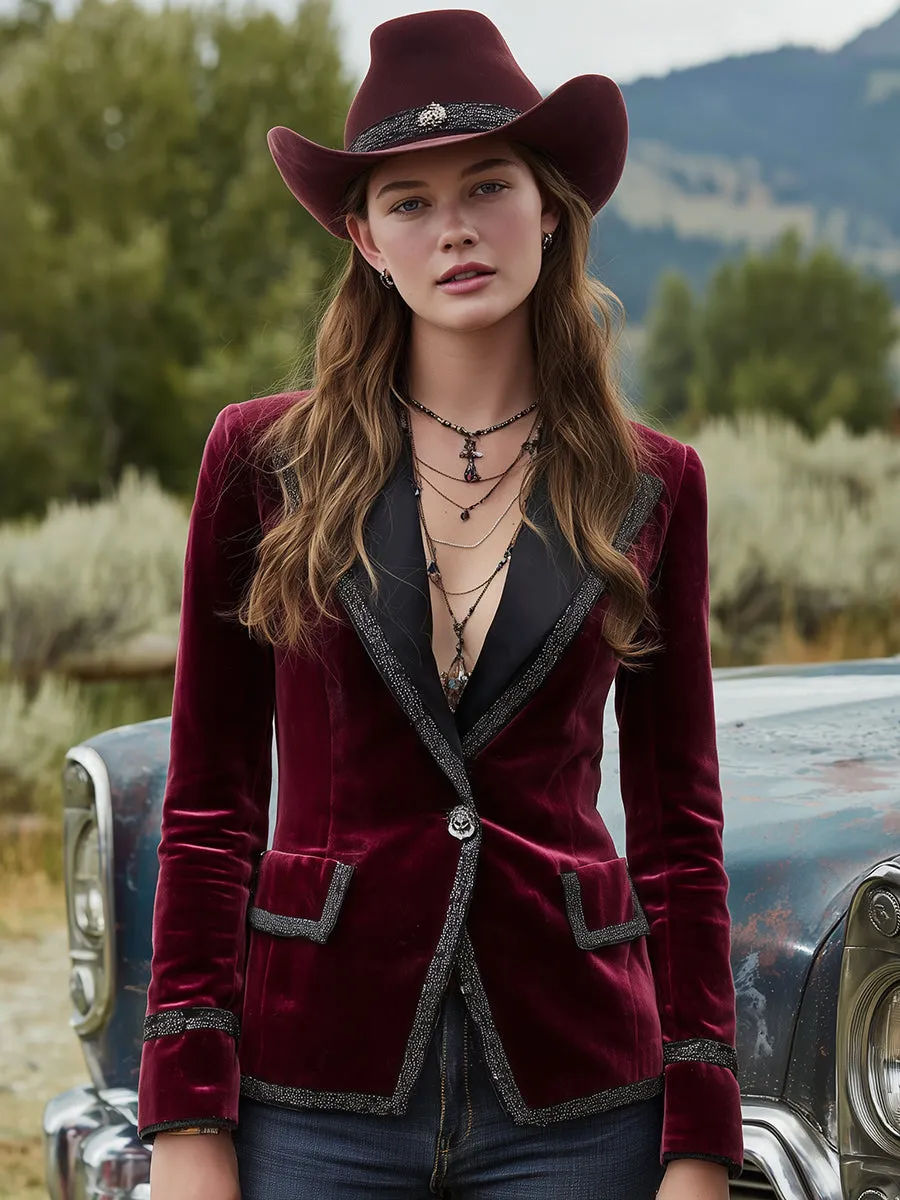 Western-style Fuchsia Velvet Patchwork Webbing Button Blazer sold by Oyrosy product image thumbnail 2