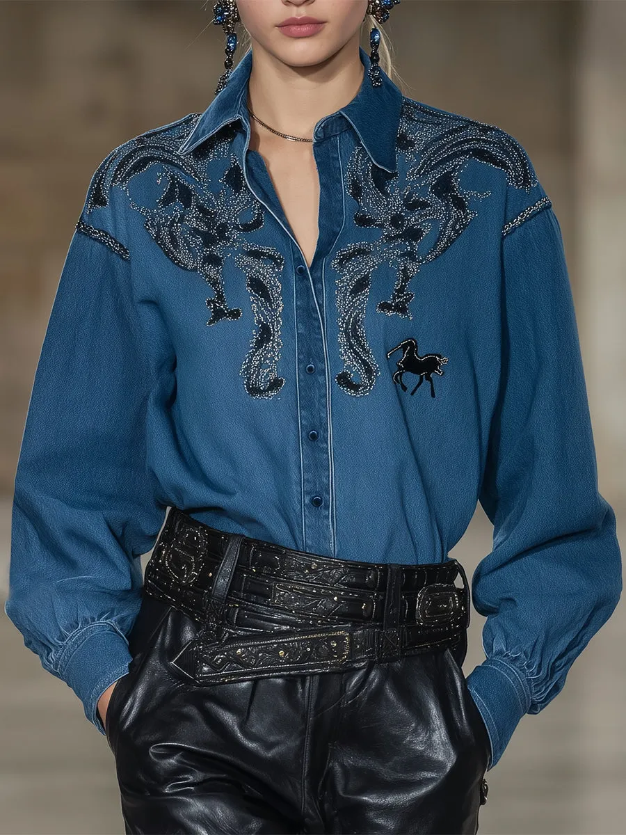 Western Cowboy Button-down With Exquisite Embroidered Pattern Shirt sold by Oyrosy