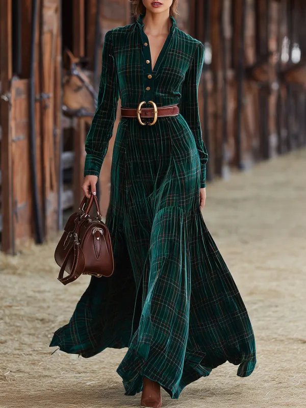 Western Green Velvet Plaid Textured Button Maxi Dress sold by Oyrosy