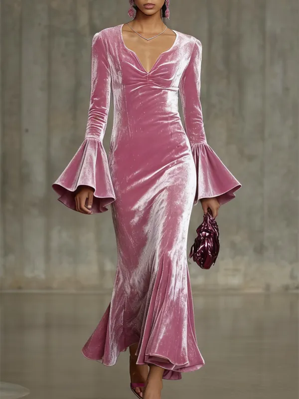 Elegant Pink Velvet Flared Sleeve Neckline Maxi Dress sold by Oyrosy