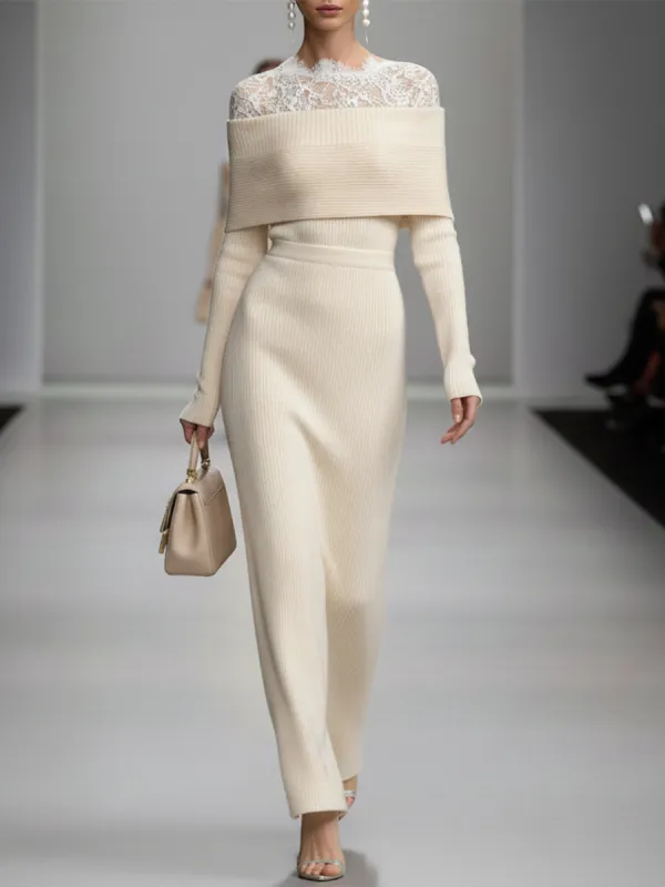 Elegant White Knitted Patchwork Lace Maxi Dress sold by Oyrosy