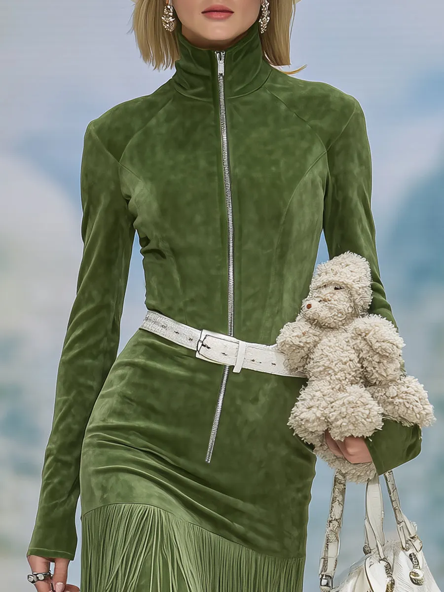 Retro Western Green Faux Suede Stand Collar Zipper Tassel Midi Dress sold by Oyrosy product image thumbnail 3