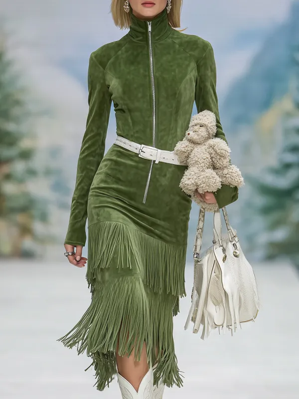Retro Western Green Faux Suede Stand Collar Zipper Tassel Midi Dress sold by Oyrosy