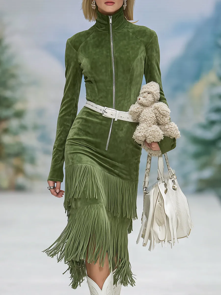 Retro Western Green Faux Suede Stand Collar Zipper Tassel Midi Dress sold by Oyrosy