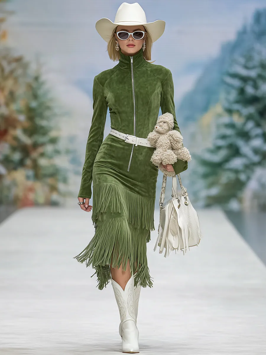 Retro Western Green Faux Suede Stand Collar Zipper Tassel Midi Dress sold by Oyrosy product image thumbnail 2