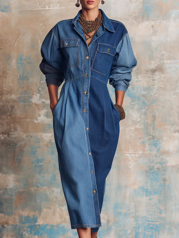 Western Retro Elegant Denim Midi Dress sold by Oyrosy