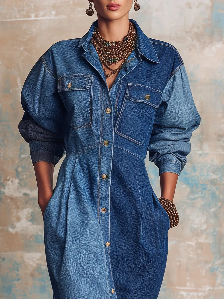 Western Retro Elegant Denim Midi Dress sold by Oyrosy product image thumbnail 3