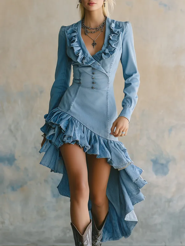 Retro Fashion Light Blue Denim Ruffle Midi Dress sold by Oyrosy
