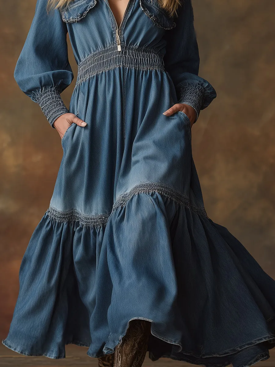 Fashionable Retro Fitted Hooded Blue Denim Maxi Dress sold by Oyrosy product image thumbnail 4