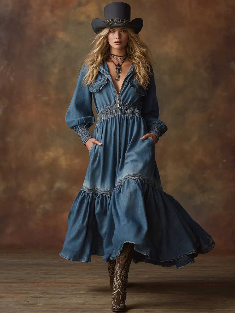 Fashionable Retro Fitted Hooded Blue Denim Maxi Dress sold by Oyrosy product image thumbnail 2