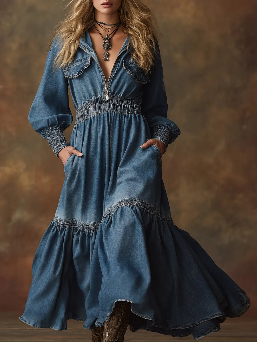 Fashionable Retro Fitted Hooded Blue Denim Maxi Dress sold by Oyrosy