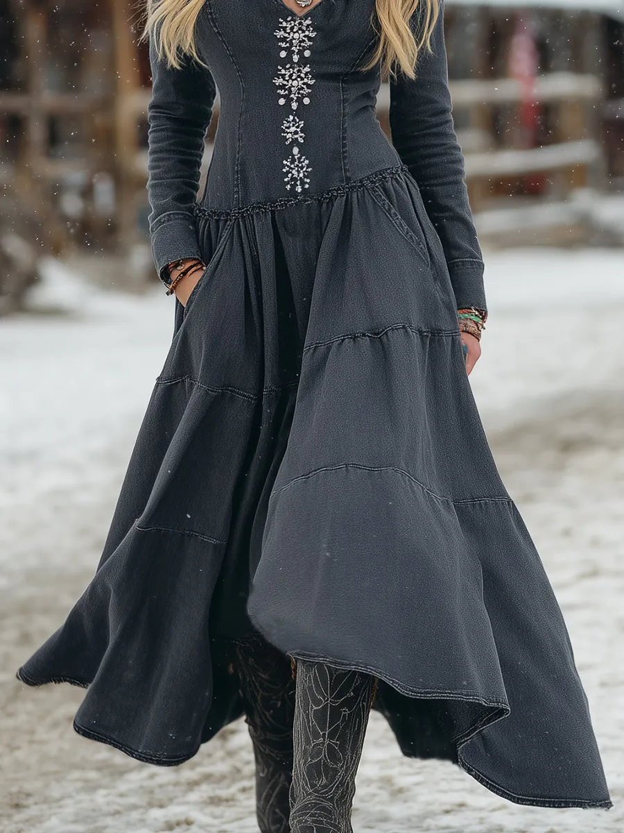 Retro Loose-fitting Snowflake Embroidered Dark Gray Denim Hooded Maxi Dress sold by Oyrosy product image thumbnail 4