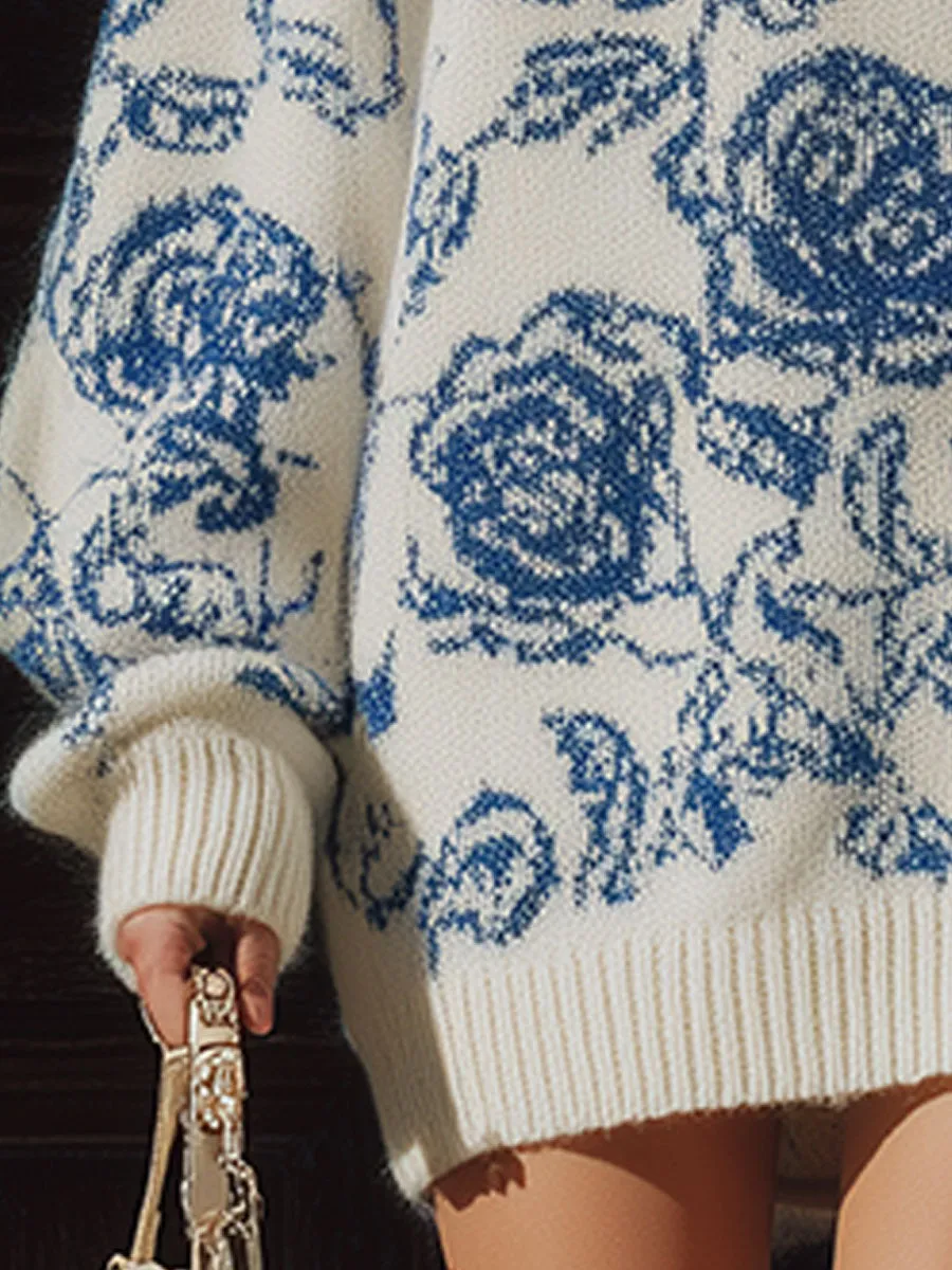 Exquisite Vintage Blue Rose White Sweater Mini Dress sold by Oyrosy product image thumbnail 4