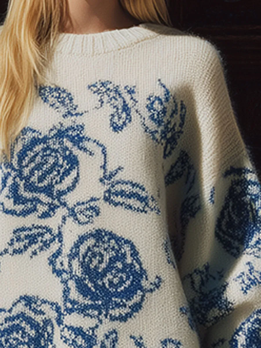 Exquisite Vintage Blue Rose White Sweater Mini Dress sold by Oyrosy product image thumbnail 3