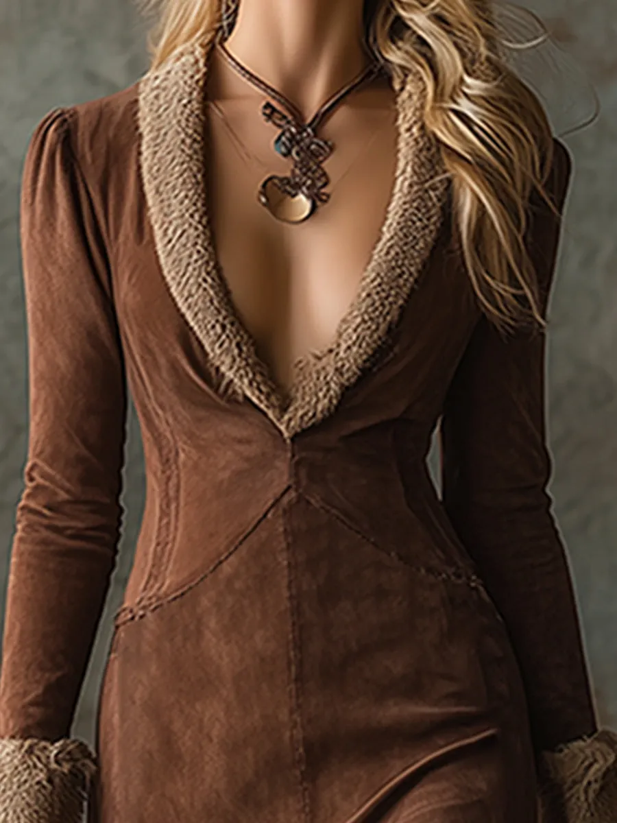 Vintage Brown Faux Suede V-neck Fleece Trim Maxi Dress sold by Oyrosy product image thumbnail 3