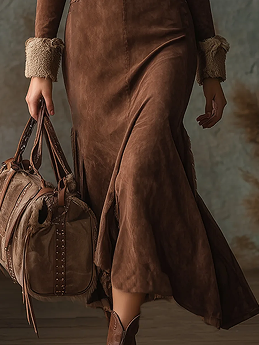 Vintage Brown Faux Suede V-neck Fleece Trim Maxi Dress sold by Oyrosy product image thumbnail 4