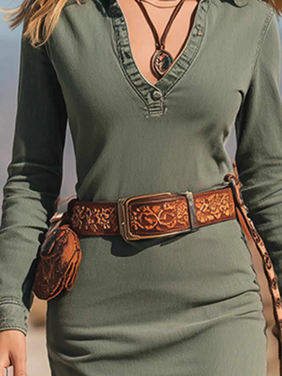 Chic Retro Western Pea Green Collar Denim Fringe Midi Dress sold by Oyrosy product image thumbnail 3