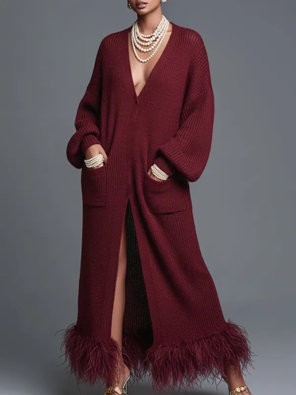 Elegant Silhouette V-neck Feather Hem Burgundy Knit Maxi Dress sold by Oyrosy