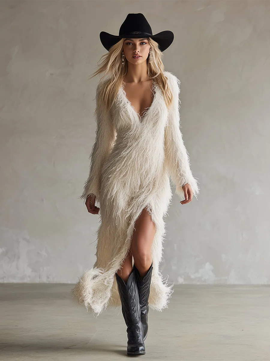 Elegant And Comfortable V-neck White Long-pile Maxi Dress sold by Oyrosy product image thumbnail 2